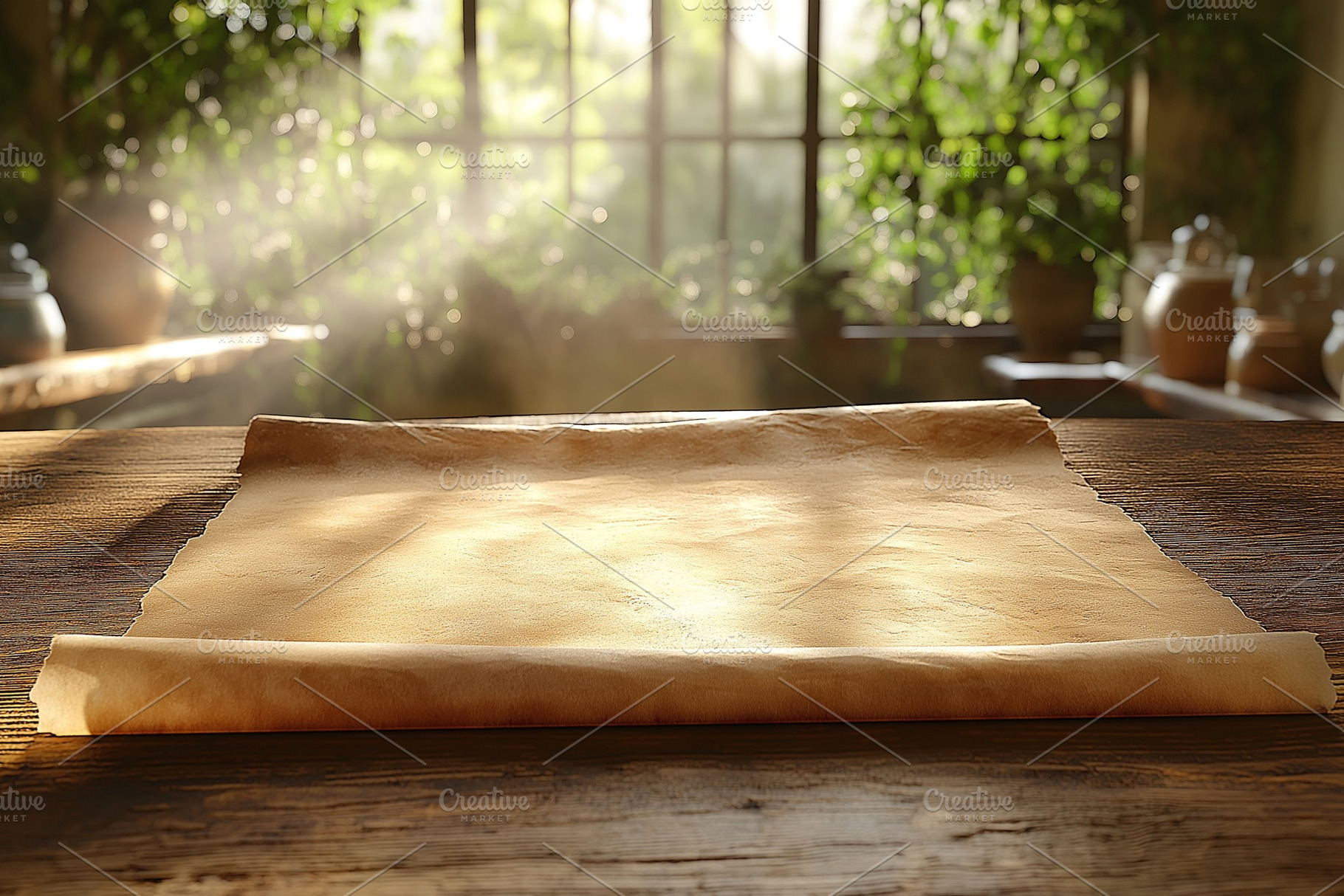 An empty parchment roll lies on a wooden table, illuminated by soft sunlight st, a Background Photo by ImageMir