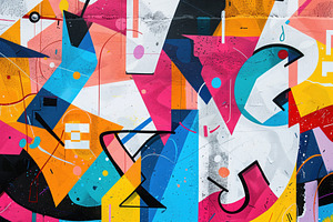 A Vibrant Abstract Graffiti Mural Featuring Geometric Shapes And Bold Colors Li