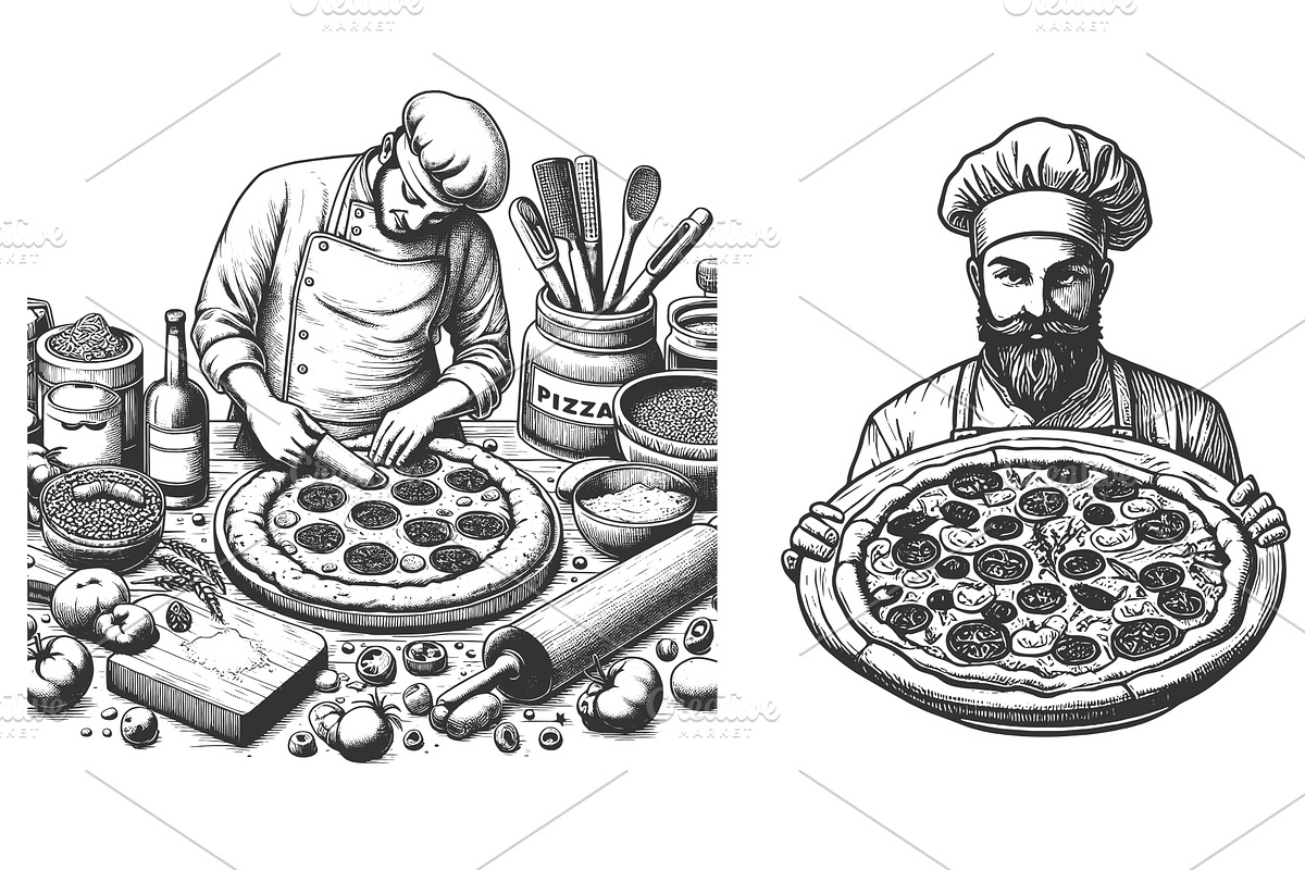 Pizza Chef engraving set vector, a Food Illustration by AlexArt
