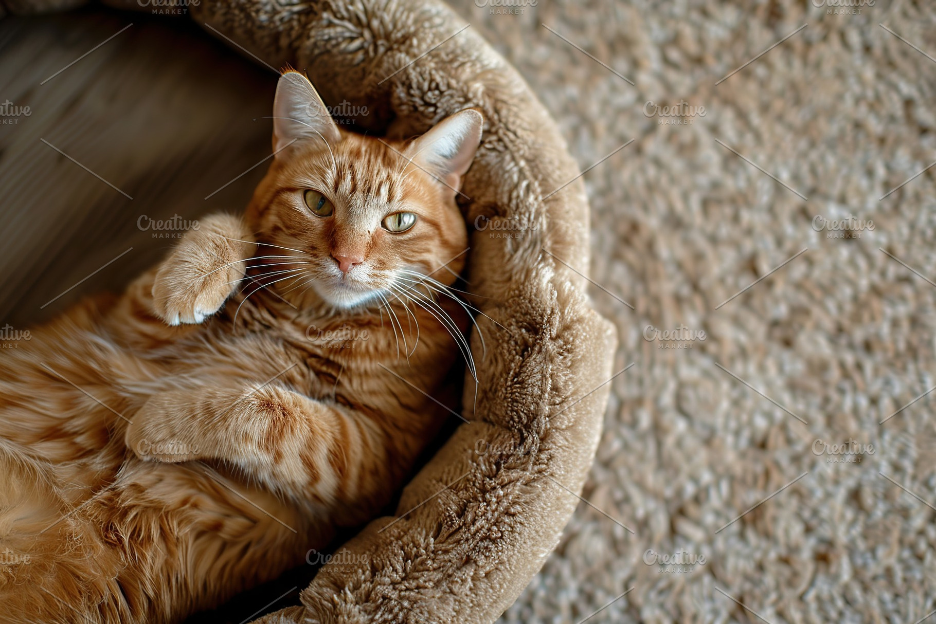 Top view of cute red cat lying on soft dog bed in home interior, a Photo by AlyaAnd