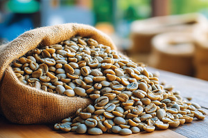 Burlap sack overflows with unroasted, a Food & Drink Photo by MistyDay
