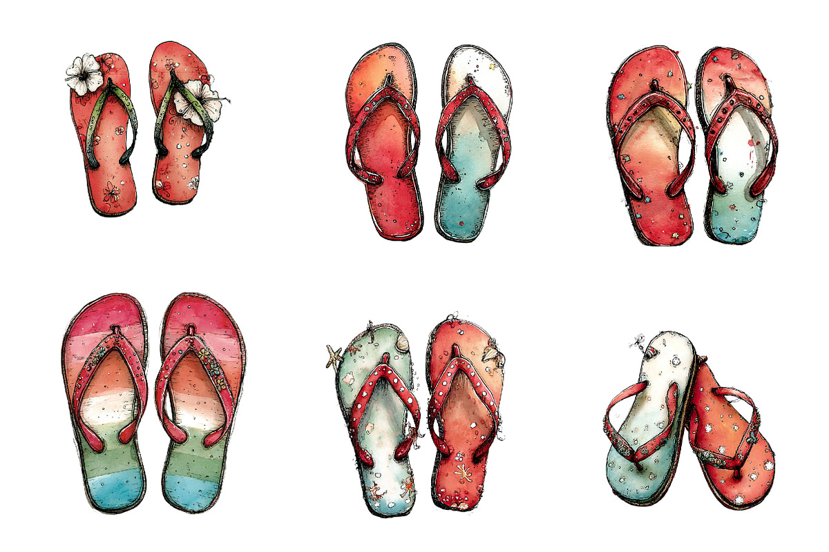 Watercolor Summer Flip Flop Clipart, an Illustration by CreationArt (Photo 3 of 7)