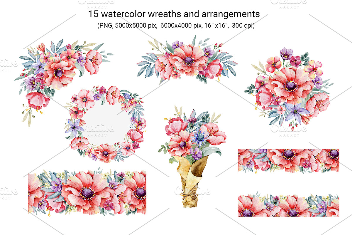 Watercolor wildflowers set, an Illustration by Artmanata (Photo 3 of 26)