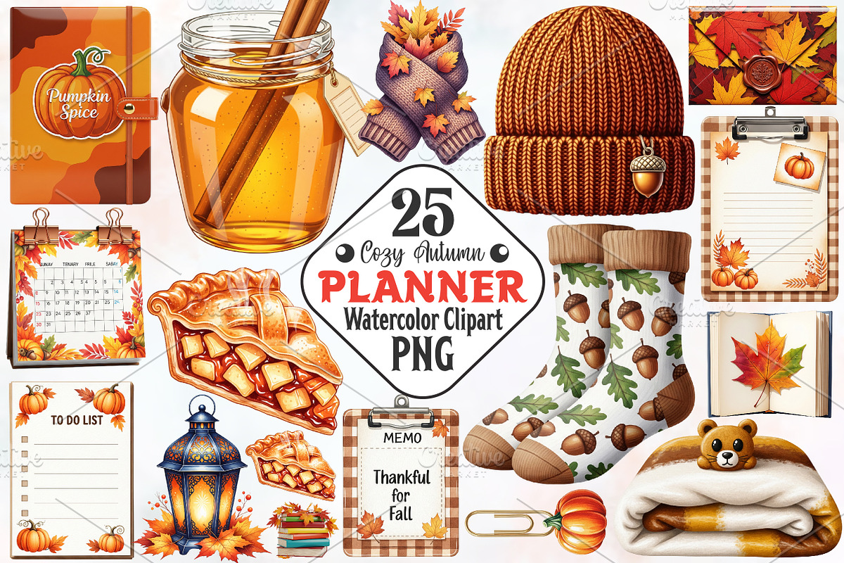 Cozy Autumn Planner Watercolor PNG, an Illustration by RobertsArt