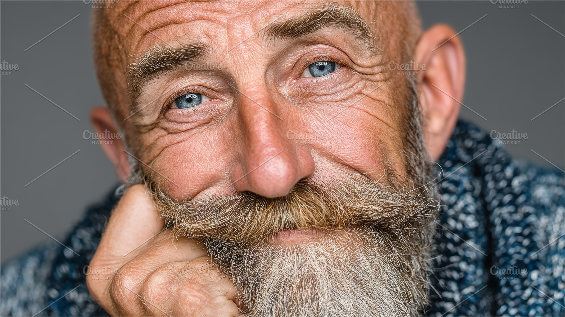Senior man with beard and blue eyes smiling in close up portrait showing charac, a Photo by AS photostudio