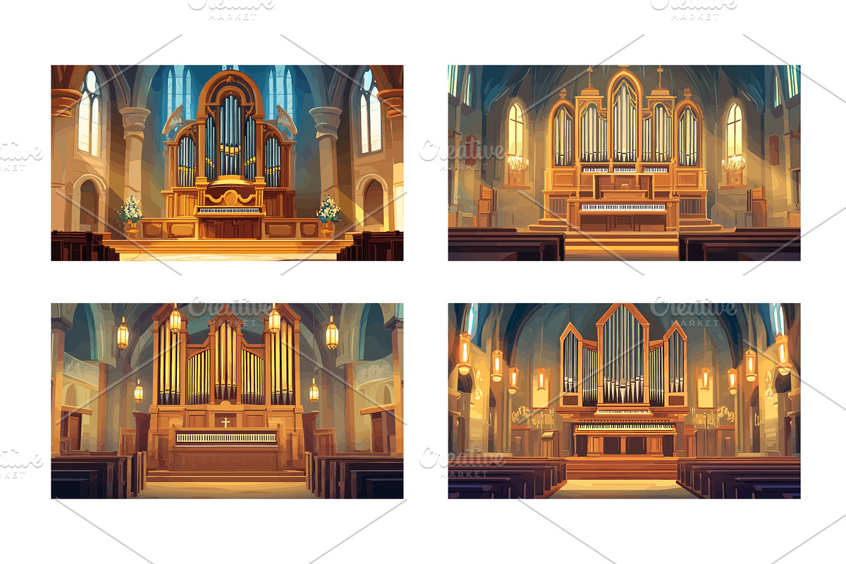 Cartoon cathedral organ. Chapel old, an Illustration by Stock-Smart-Start