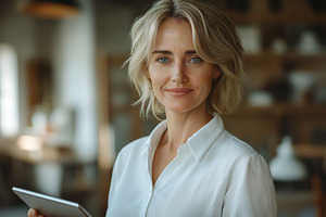 Confident woman with short blonde hair smiles while holding a tablet in a moder, a Person Photo by ImageMir