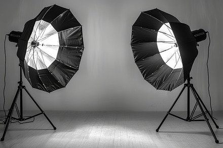 Professional studio lighting setup with softbox umbrellas, a Photo by AS photostudio