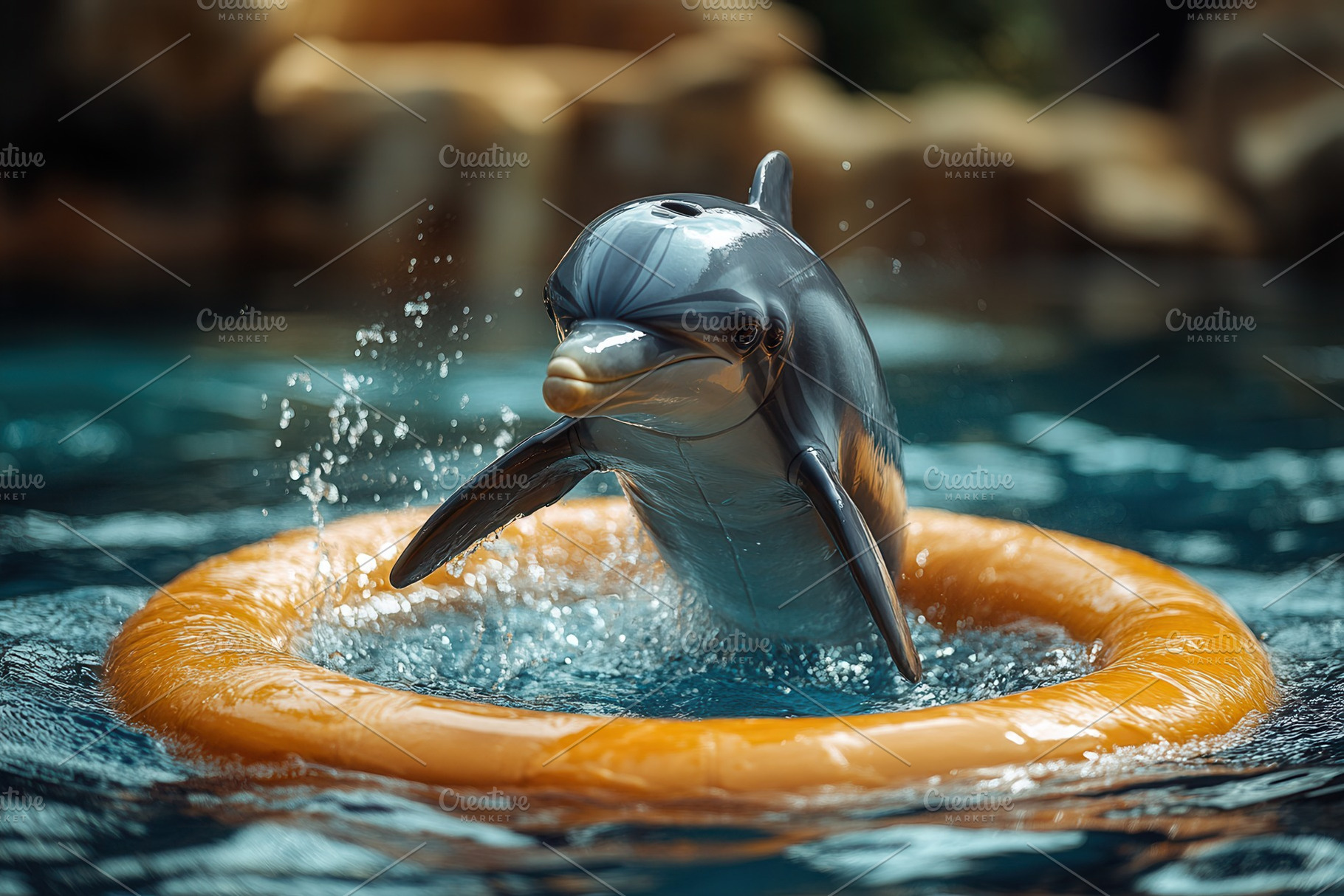 Dolphin plays in a colorful inner tu, a Photo by Tanuart