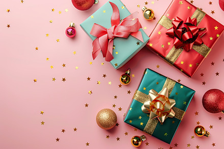 Colorful christmas gift boxes with ribbon bows on pink background, a Holiday Photo by AlyaAnd