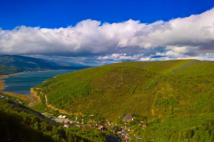 Landscape of Mavrovo national park with rainbow, mountain and lake, FYR Macedon