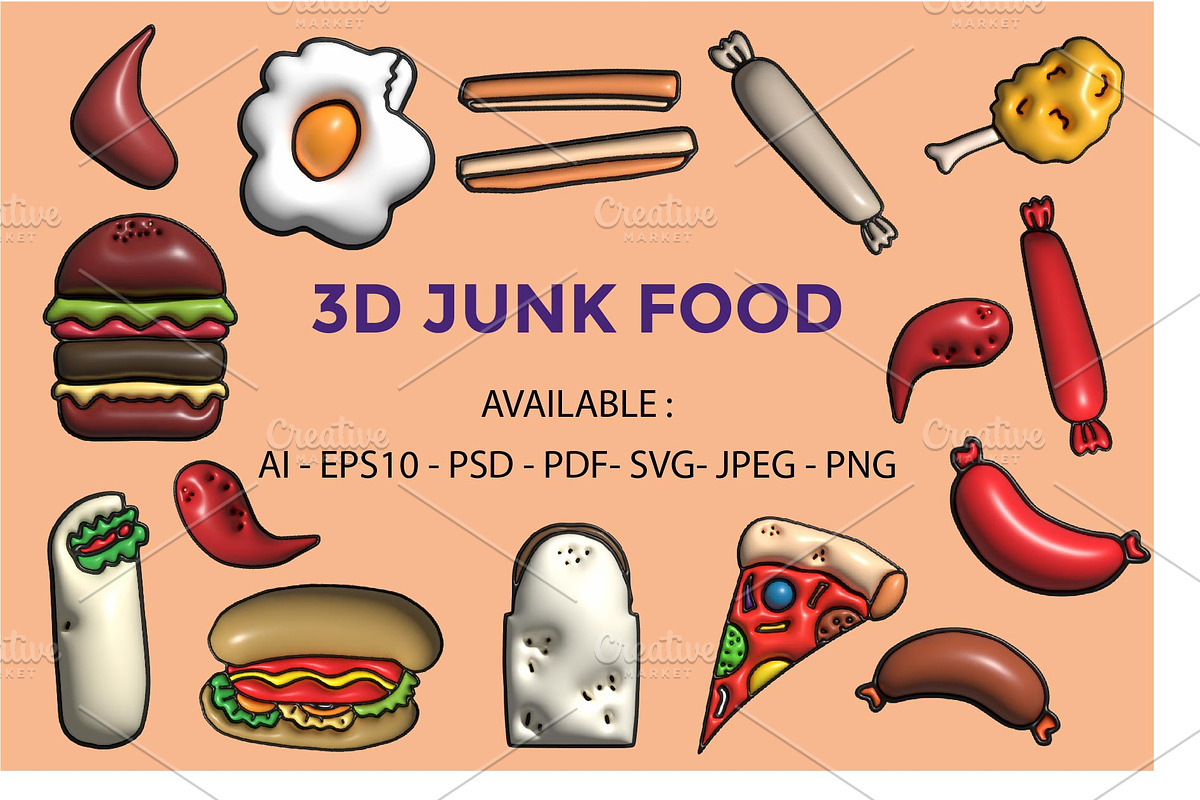 3D Junk food collection, a Background Graphic by bungamustia | Creative ...