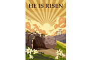 He Is Risen Empty Tomb with Sunrise, a Seasonal Illustration by Vector_Up (Thumbnail 1 of 7)