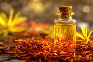 Saffron oil in glass bottle surround, a Photo by Tanuart