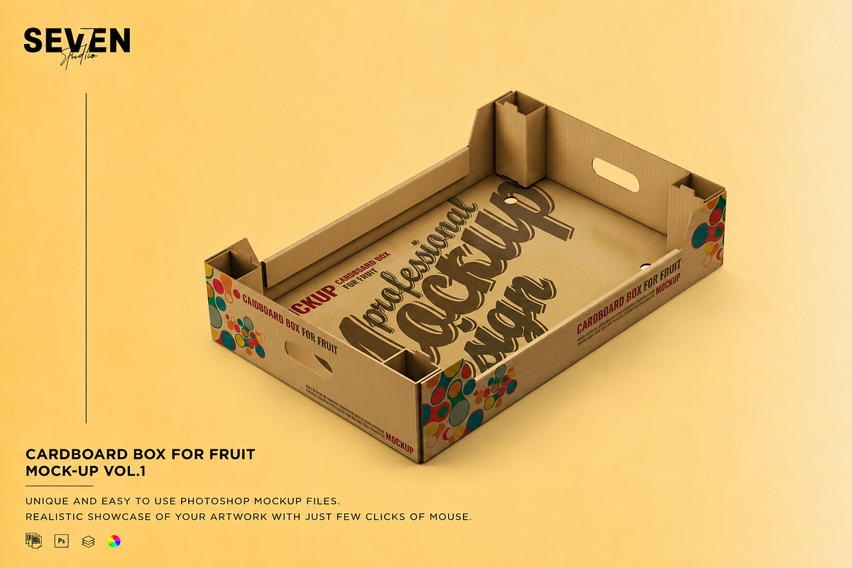 Cardboard Box Fruit Package Mock-Up, a Packaging Mockup by Se٧enStudio (Photo 1 of 8)