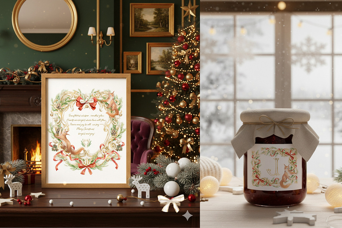 Watercolor Christmas frame, monogram, a Seasonal Illustration by WonderWonder (Photo 6 of 11)