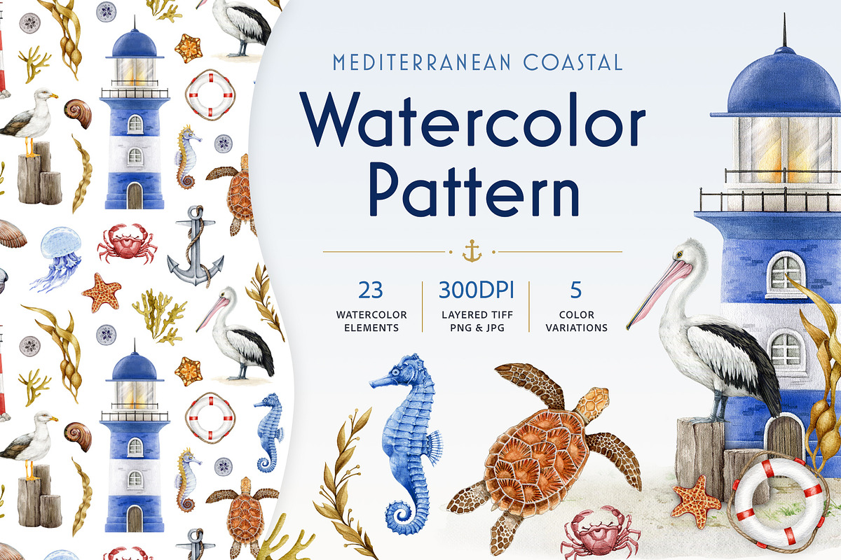 Mediterranean Coastal Summer Pattern, a Decorative Illustration by AnitaPol (Photo 1 of 16)