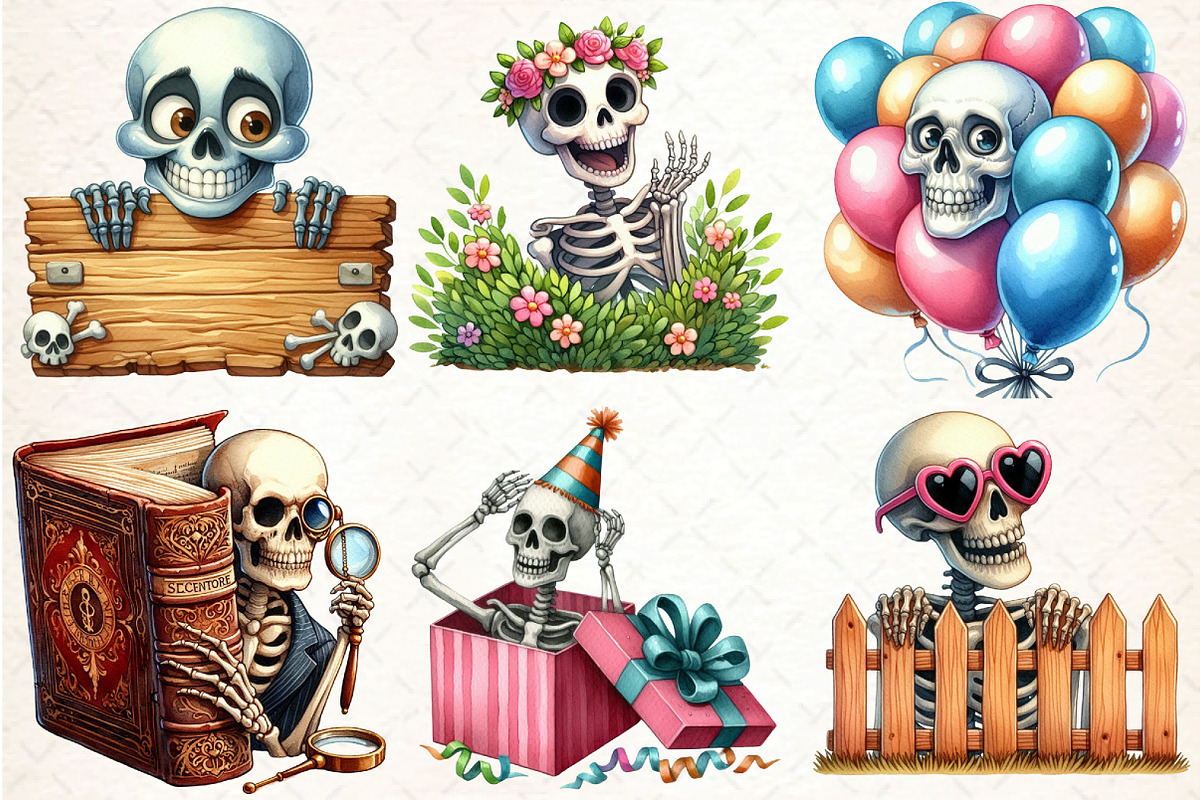 Funny Skeleton Peeking Bundle Clipar, an Illustration by DreamCafeArt (Photo 3 of 5)
