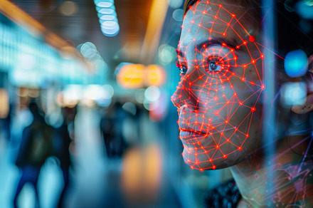 Woman face with digital grid pattern on dark blue background, au, a Photo by Dvoevnore photos
