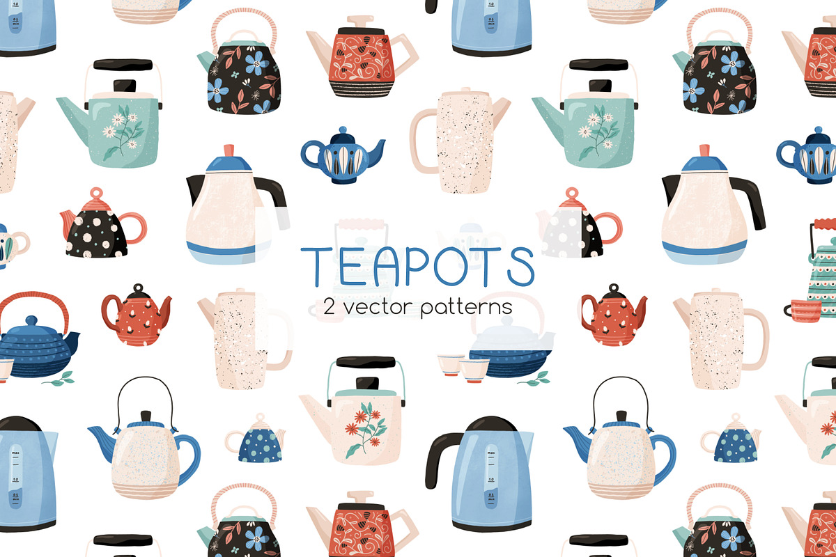 Teapots, kettles seamless patterns, a Pattern Graphic by Good Studio (Photo 1 of 5)