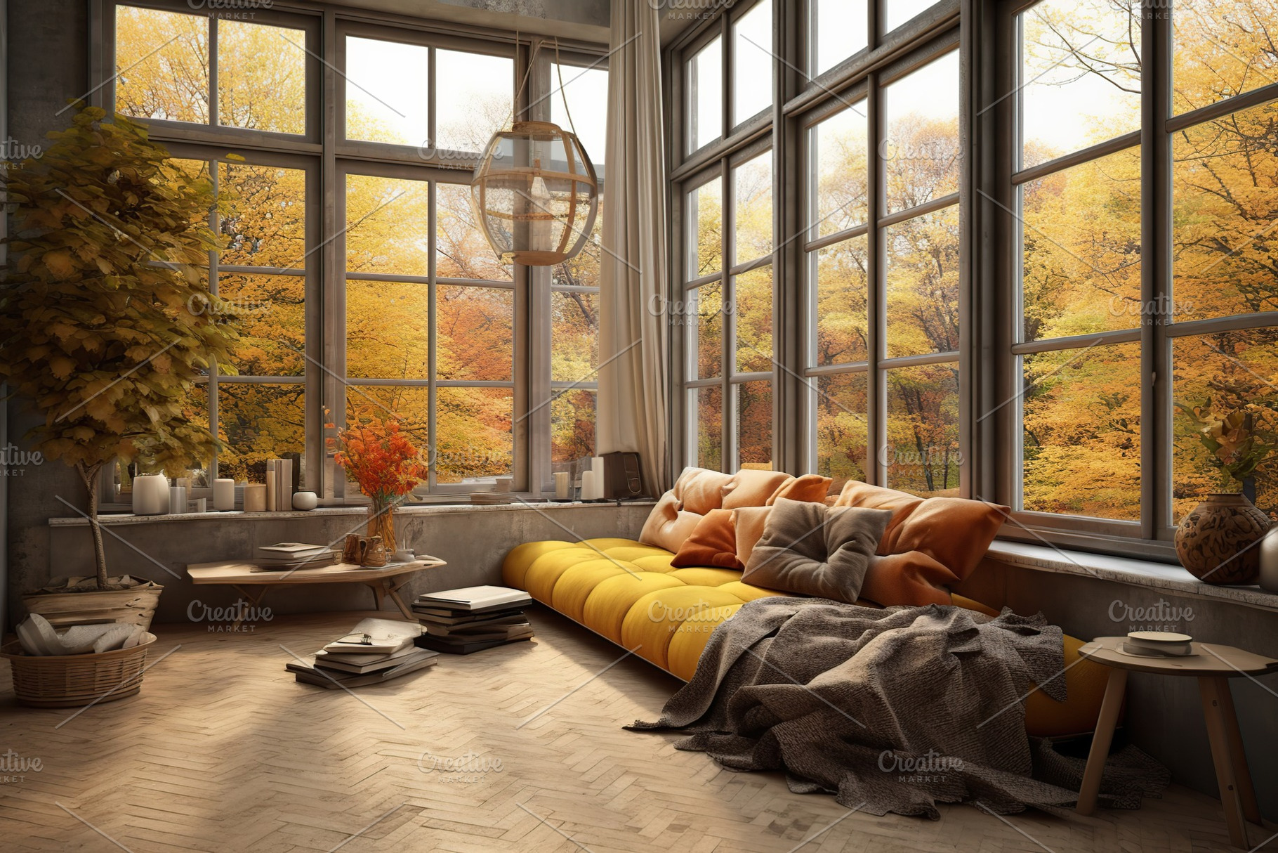 Scandinavia interior with big windows and autumn season. Generative AI, an Arts & Entertainment Photo by AlyaAnd