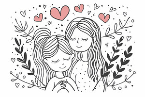 Mother and daughter black line art s, a Background Photo by Pixeness Studio