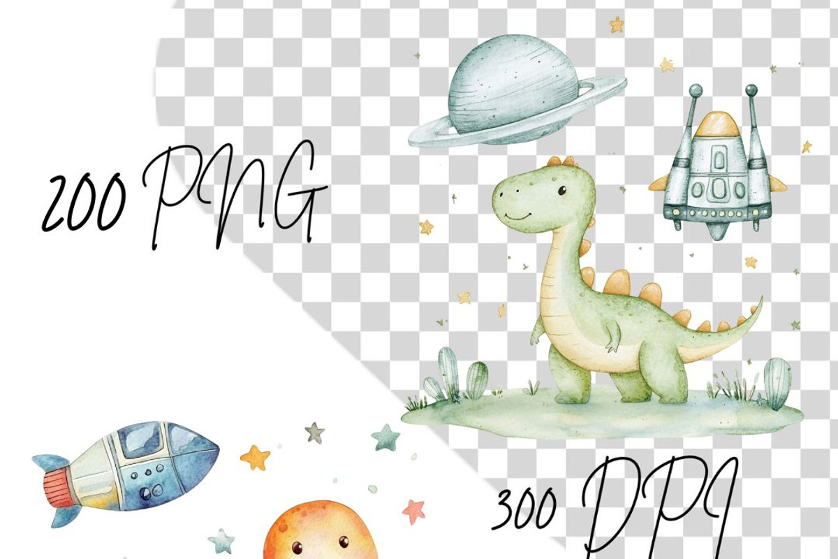 dinosaurs in space watercolorclipart, a Transportation Illustration by Opor (Photo 2 of 11)