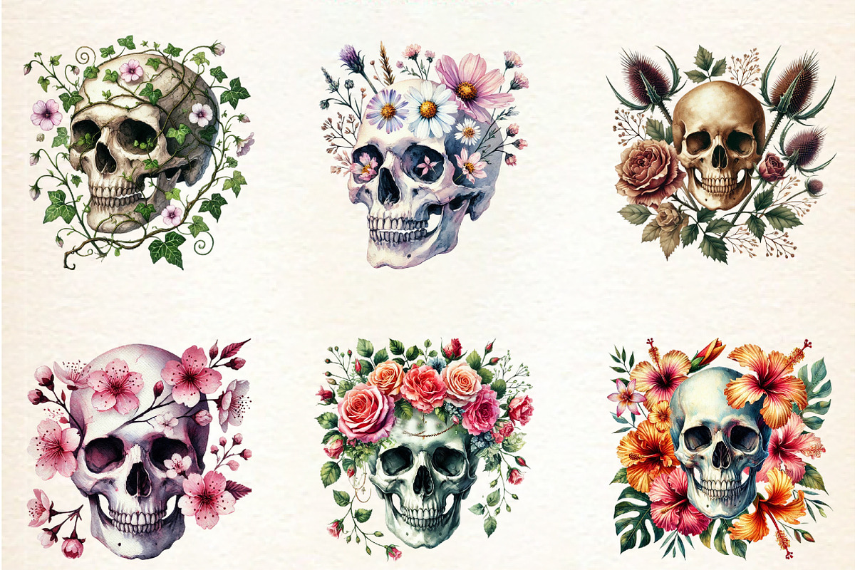 Skull Floral Sublimation Clipart Bun, an Illustration by DreamArtGraphic (Photo 2 of 5)