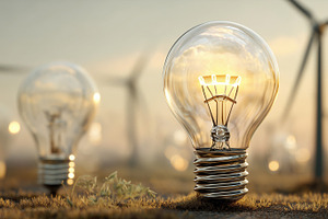 Glowing light bulb on a field with, a Technology Photo by MistyDay
