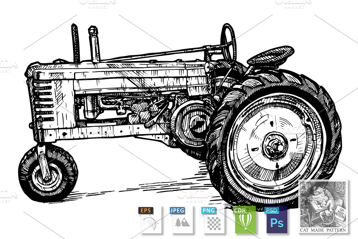 tractor stylized as engraving, a Transportation Illustration by CatMadePattern