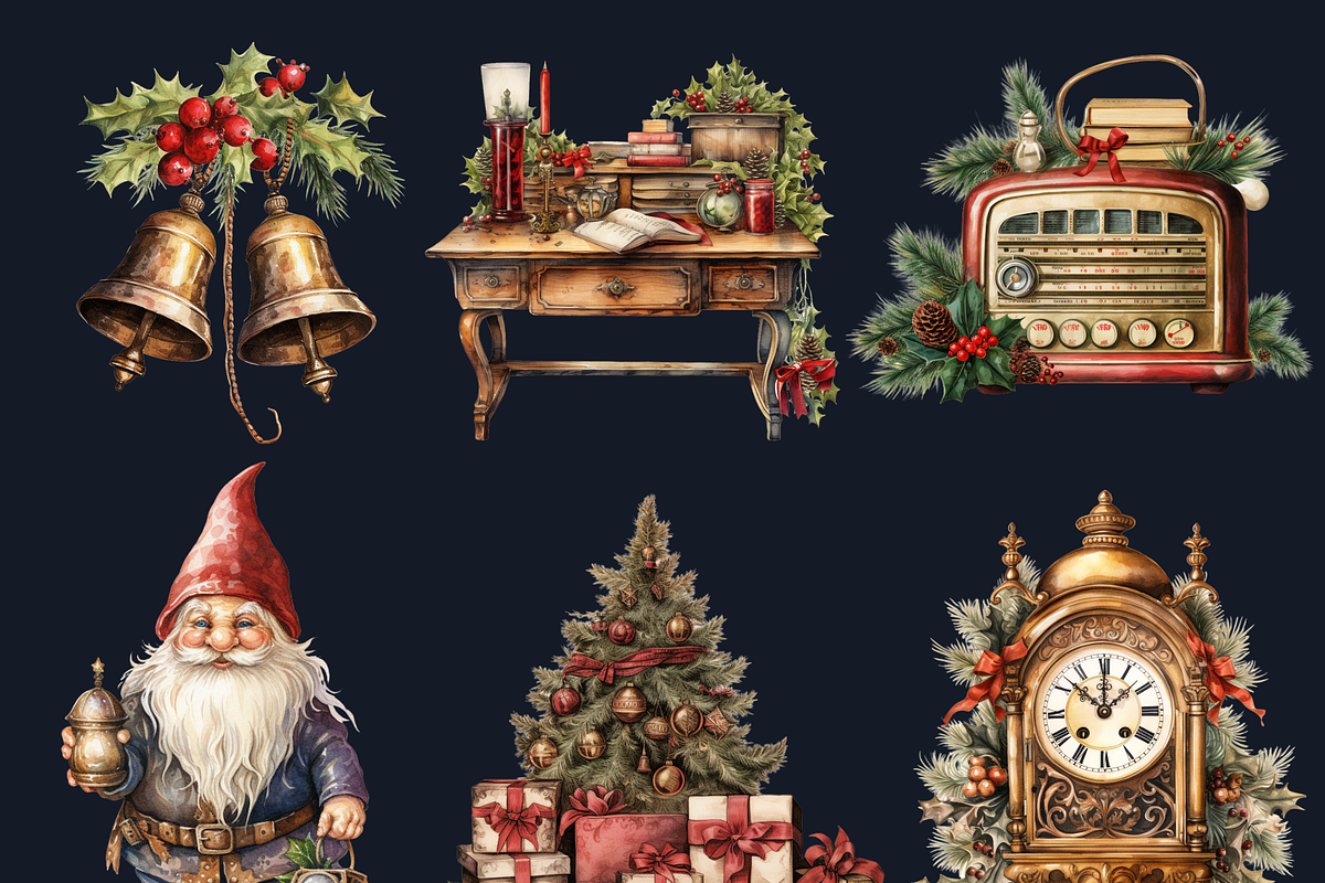 Watercolor Antique Christmas Clipart, a Seasonal Illustration by GiraffeCreative (Photo 6 of 9)