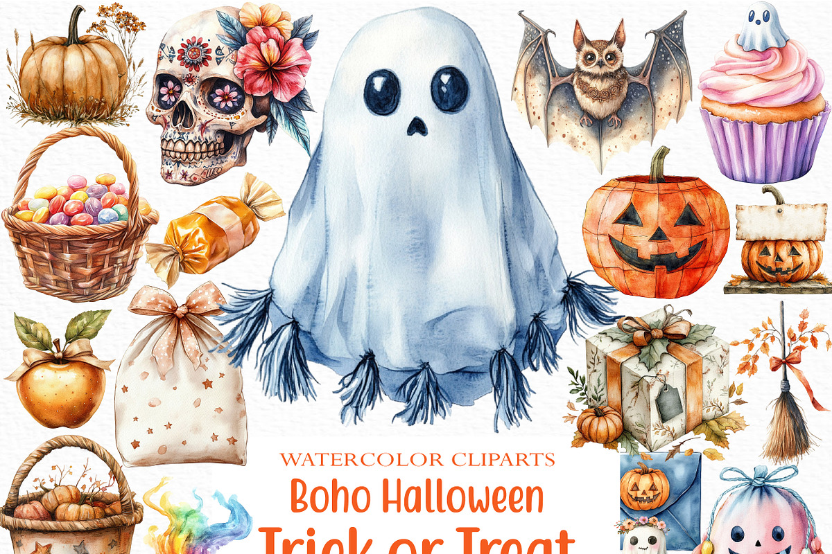 Boho Halloween Trick or Treat Clipar, an Illustration by Craft Nest (Photo 1 of 6)