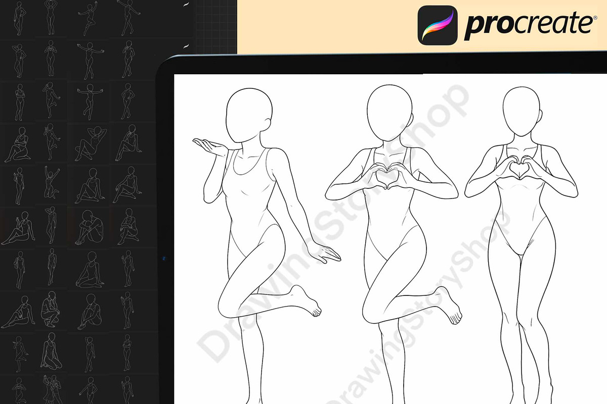 Procreate female poses brushes stamp, a Brush Add-On by DrawingStoryShop
