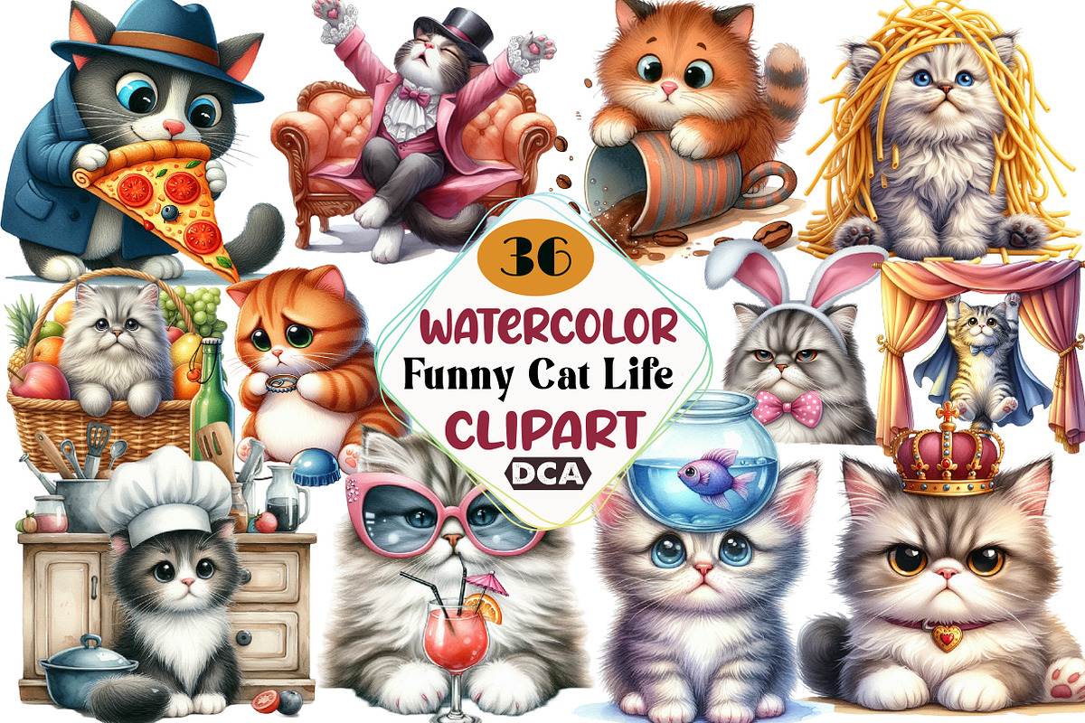 Funny Cat Life Watercolor Clipart, an Illustration by DreamCafeArt (Photo 1 of 4)