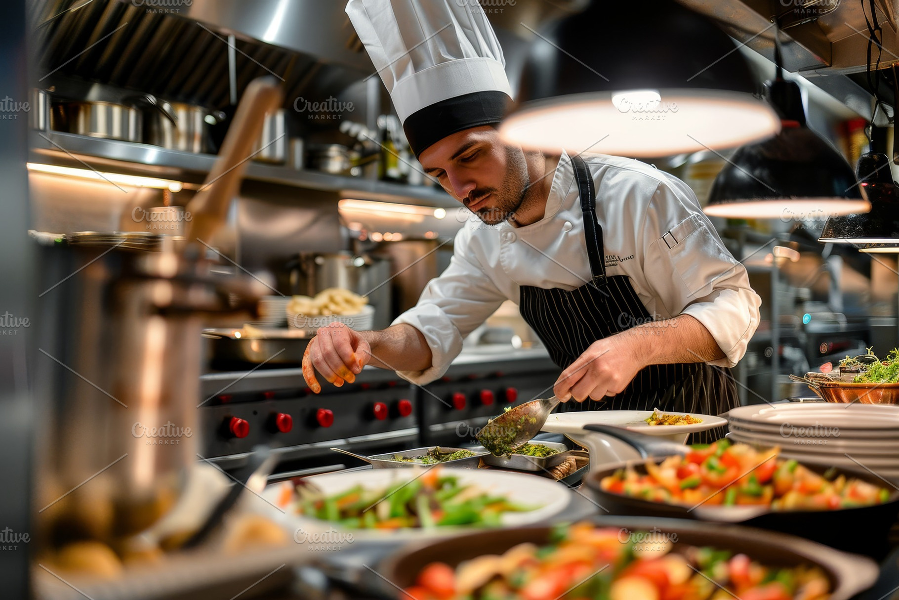 A skilled chef focuses intently on p, a Photo by Tanuart