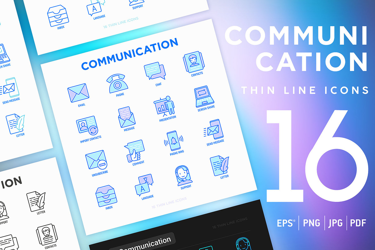Communication | 16 Thin Line Icons, an Outline Icon by Alex Blogoodf (Photo 1 of 7)