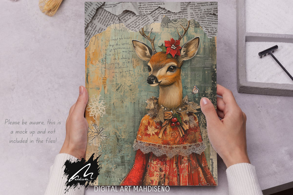 Cute Xmas Deer, Shabby Journal Pages, a Seasonal Illustration by Digital Art Mahdiseño (Photo 2 of 10)