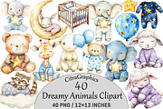 Watercolor Dreamy Animals Clipart, a Seasonal Illustration by CitraGraphics (Thumbnail 1 of 7)