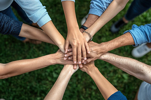 Diverse human hands in a circle on green leaves background, a Person Photo by AlyaAnd