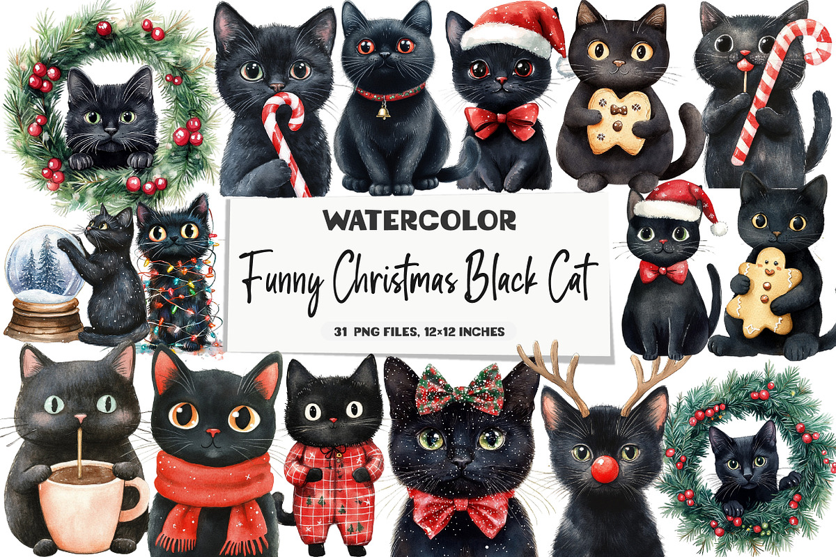Funny Christmas Black Cat Clipart, an Illustration by DreamArtGraphic (Photo 1 of 5)