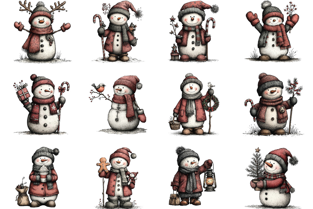 Whimsical Christmas Snowman Clipart, an Illustration by CraftArtStudio (Photo 2 of 6)