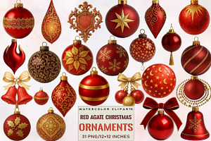 Red Gold Christmas Ornaments Clipart, an Illustration by SVGArt
