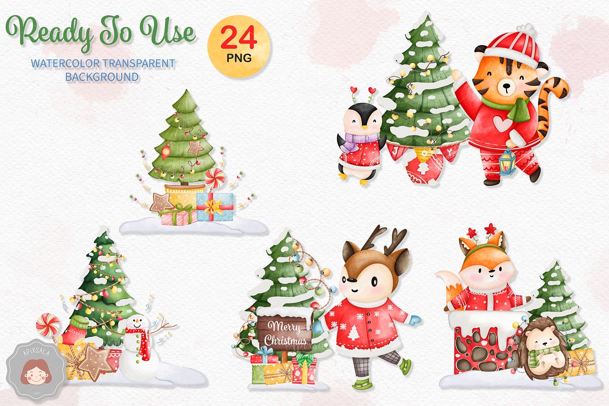 Watercolor Christmas Santa Animals, an Animal Illustration by Apixsala (Photo 3 of 18)