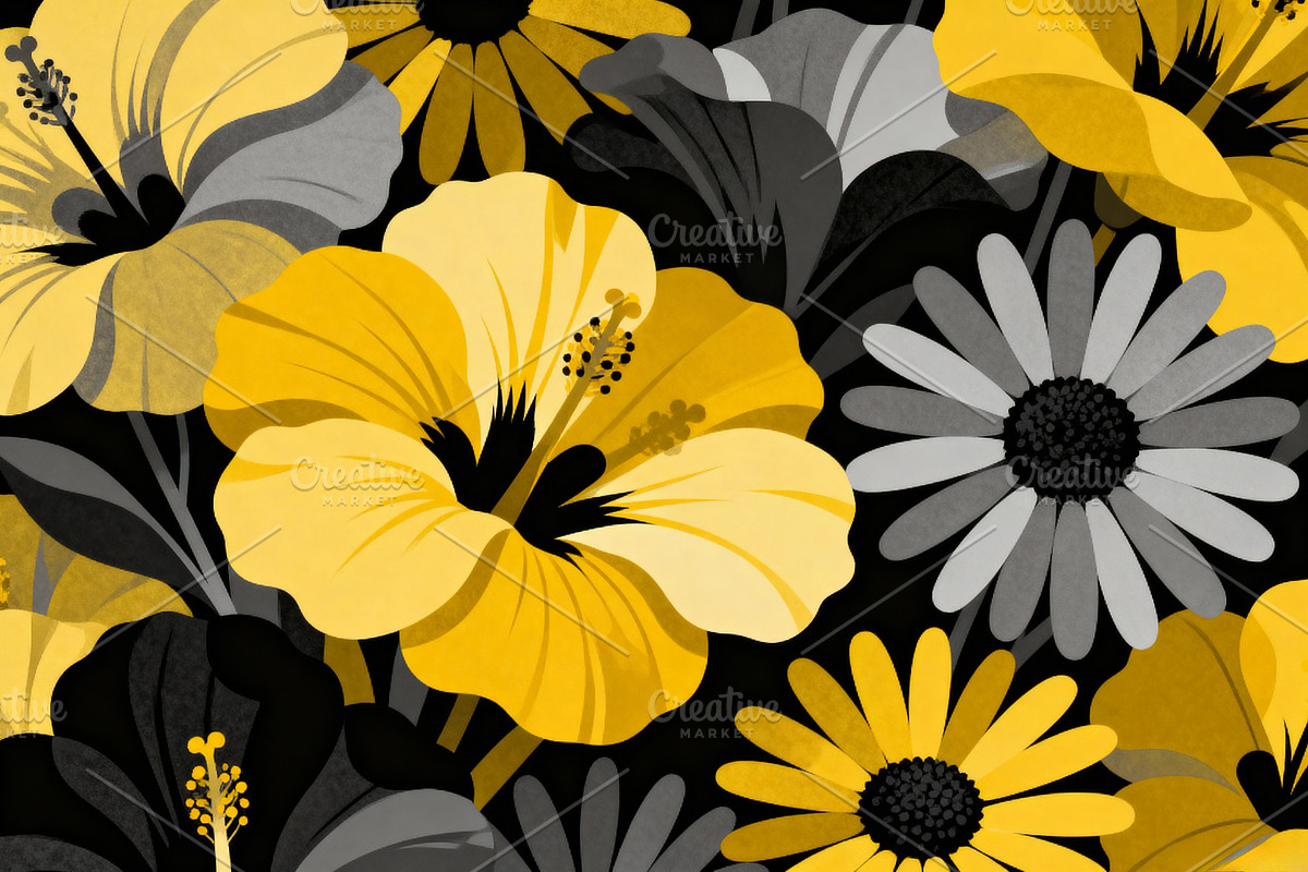 Golden Hibiscus & Monochrome Floral, a Decorative Illustration by Virgo Studio