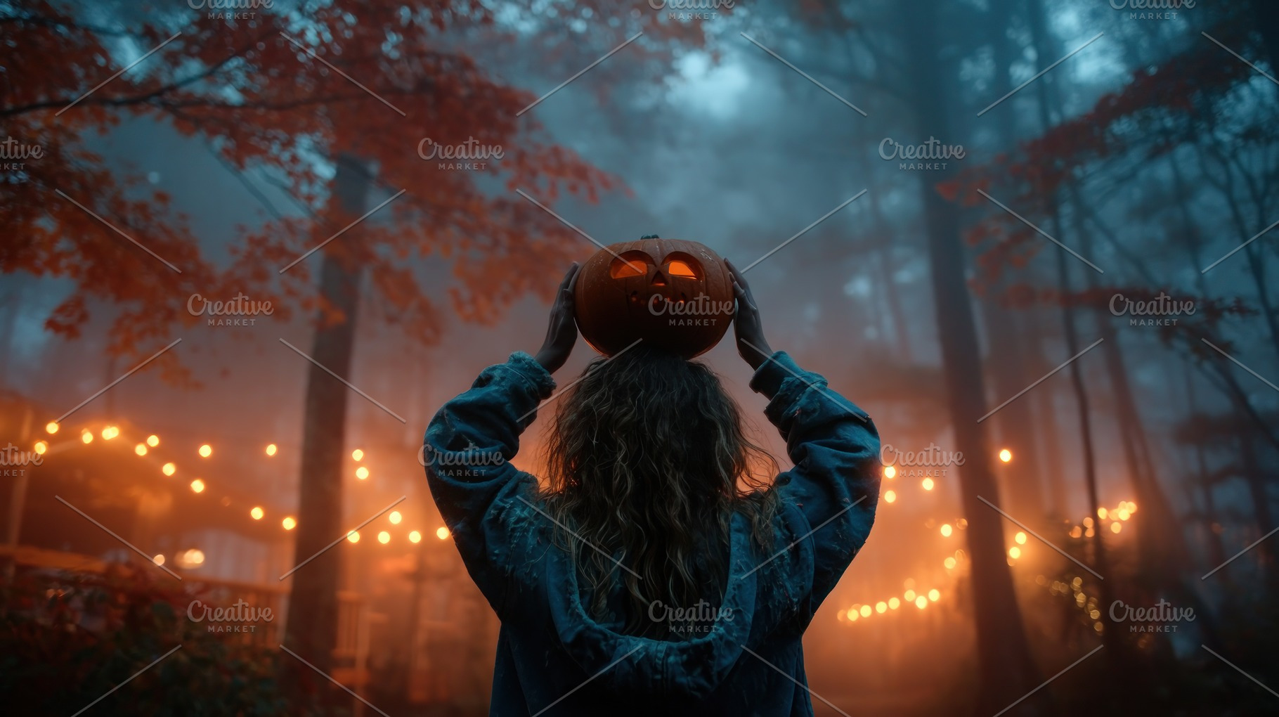 Woman holding carved jack-o'-lantern above head in foggy autumn, a Holiday Photo by José Manuel Gelpi