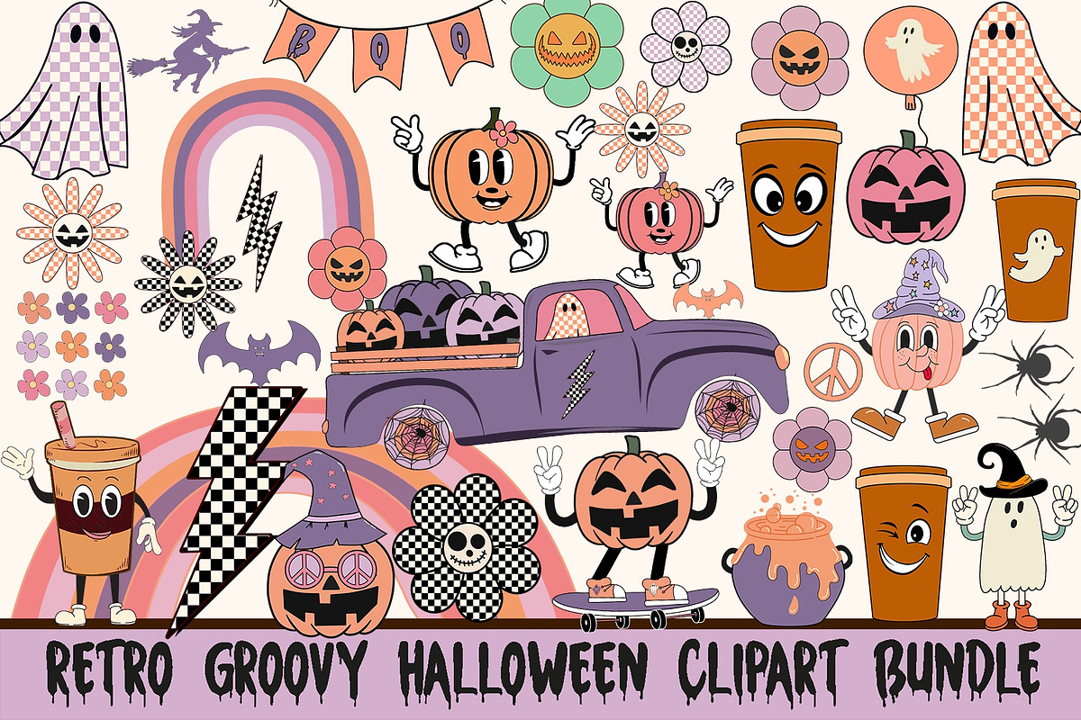 Retro Groovy Halloween Clipart PNG, an Object Graphic by RETROVIBZDESIGNS (Photo 1 of 6)