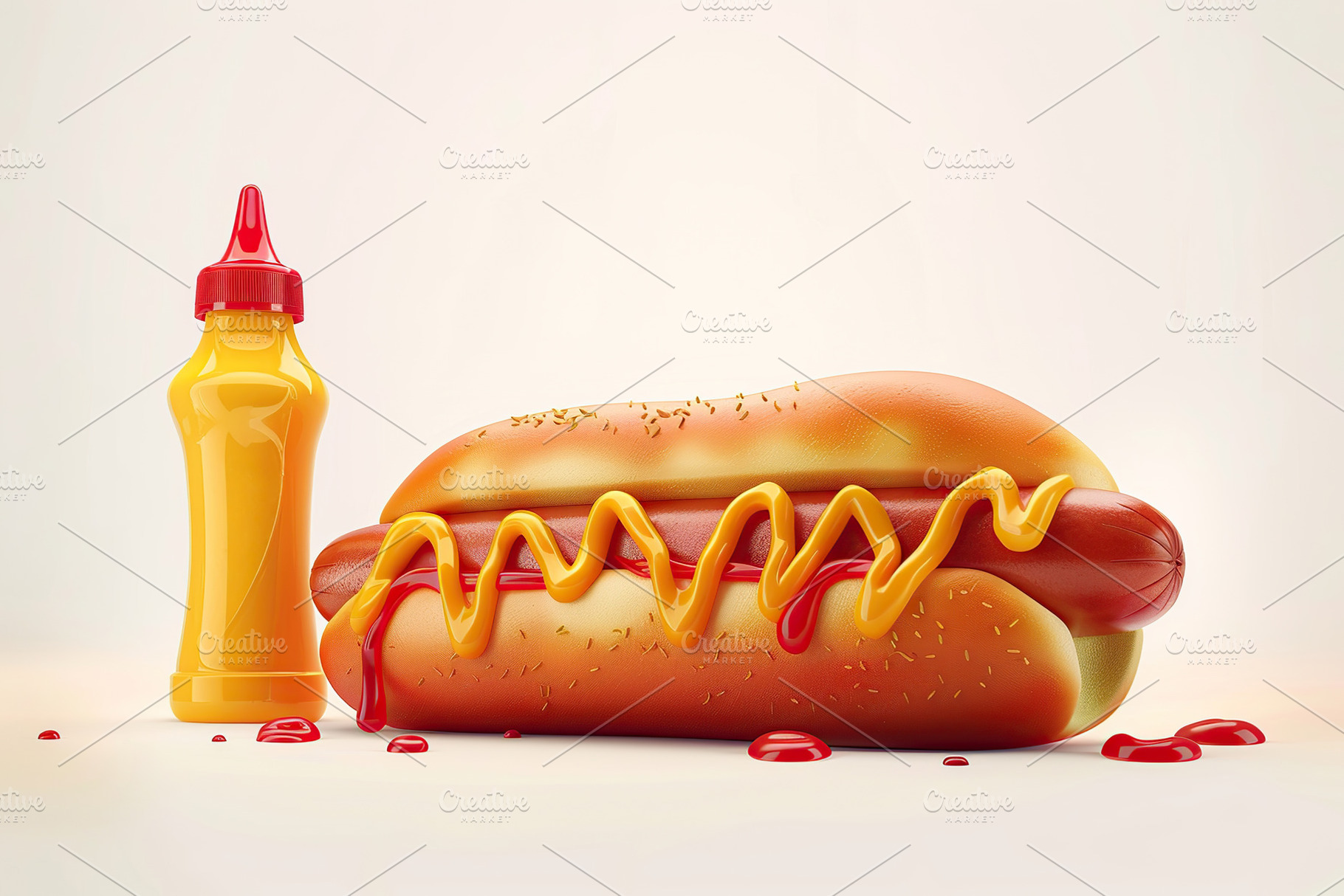 Illustration of hot dog with ketchup and mustard on white backgr, a Food & Drink Photo by AlyaAnd