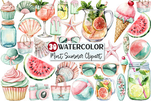 Watercolor Blush & Mint Summer Clipa, an Illustration by Rose Art