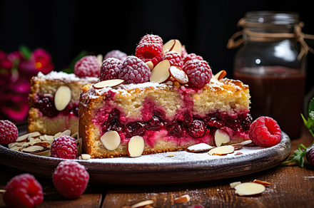 Delicious slices of raspberry almond, a Photo by LOGOCREATIVE