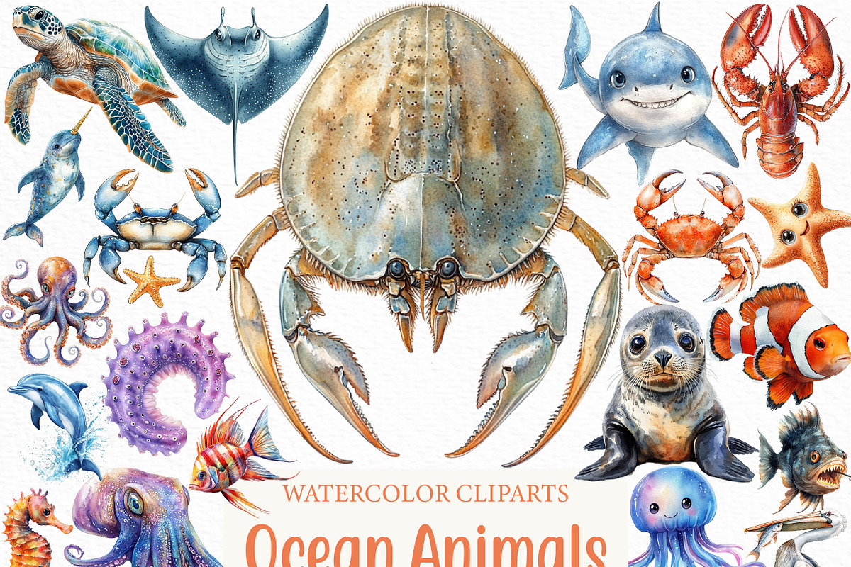 Watercolor Ocean Animals Clipart, an Illustration by Craft Nest (Photo 1 of 6)